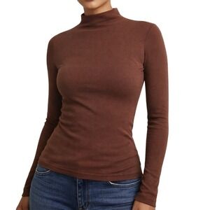 NWT OGL Brown Mock Neck Long Sleeve Slim Knit Top L Thermal Eco-Mousse Blouse